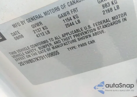 2009 Chevrolet Impala Ls из США, поврежденный, VIN 2G1WB57K791109655